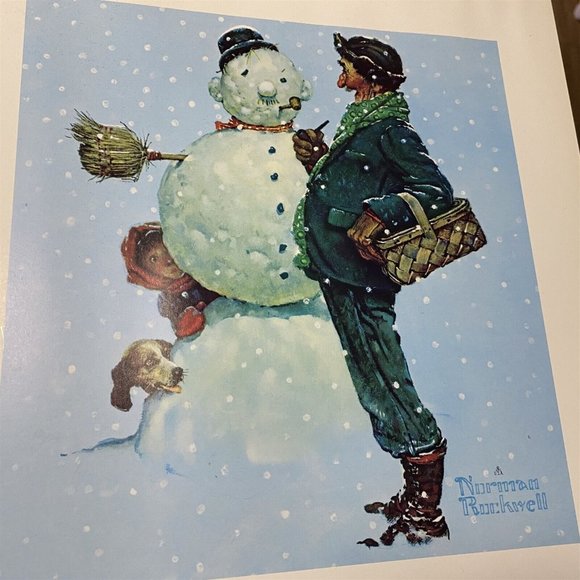 Norman Rockwell Print Snow Sculpturing Brown & Bigelow Boy Dog Snowman Grandpa - Picture 8 of 8